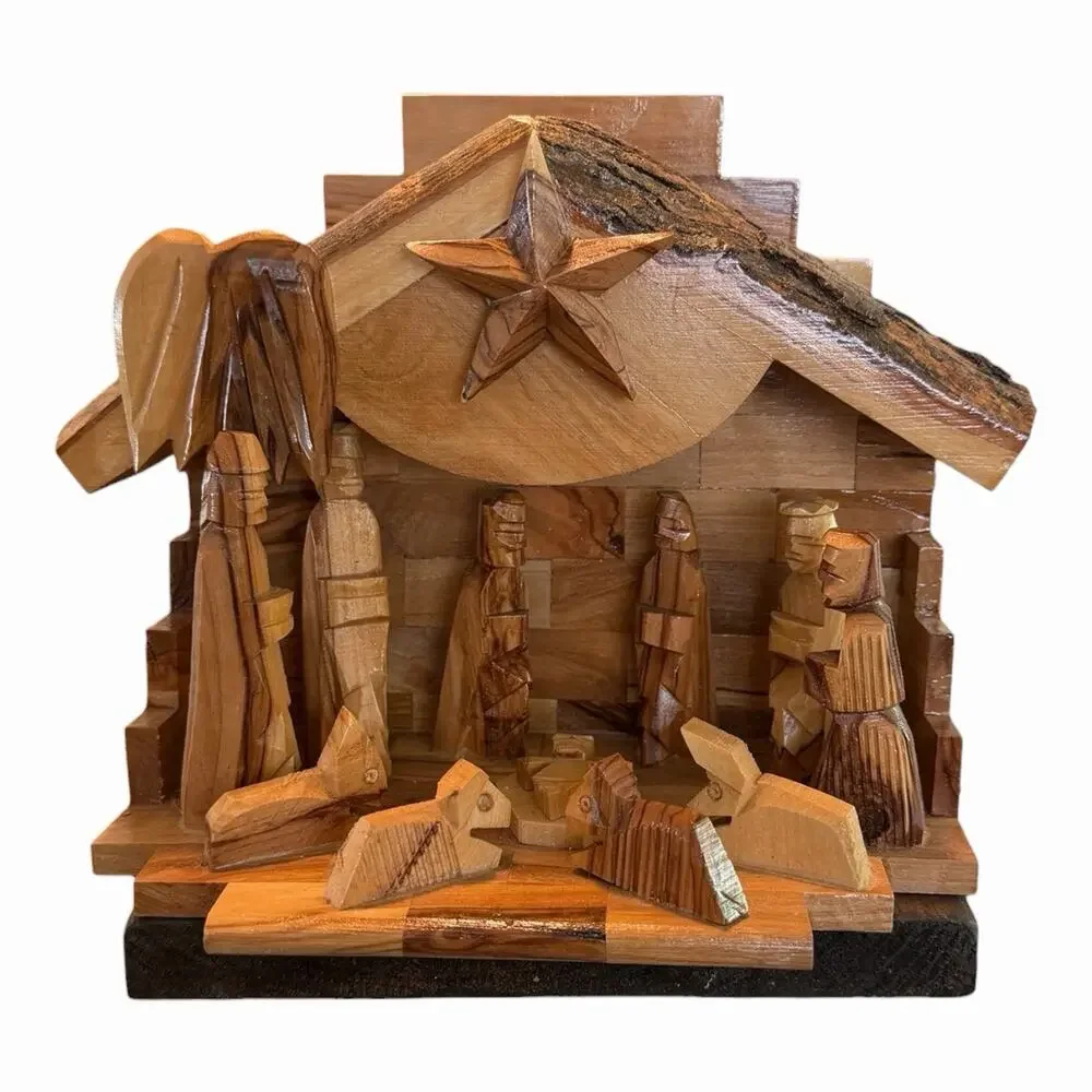 Nativity Hand Carved Olive Wood Crafted In Bethlehem MUSICAL Rotating Star